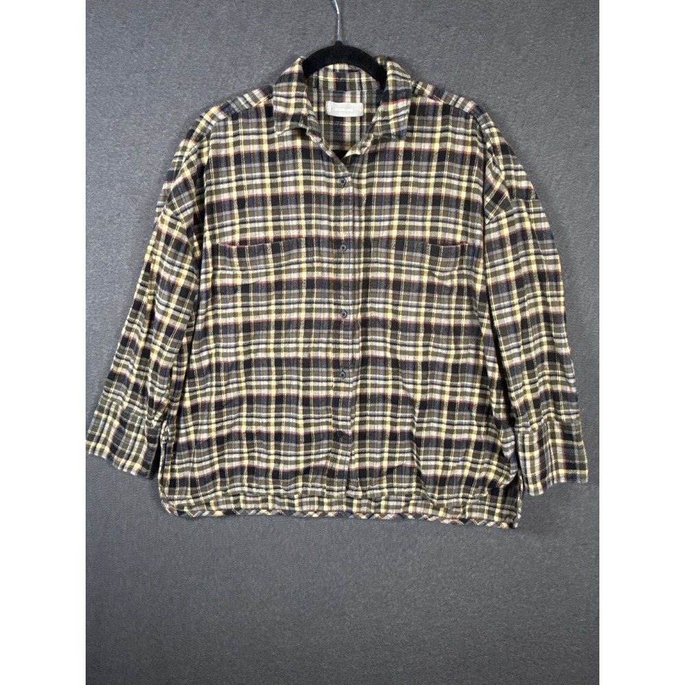 Everlane Cotton Flannel Plaid Button Down Shirt Large Olive Navy Cream L women
